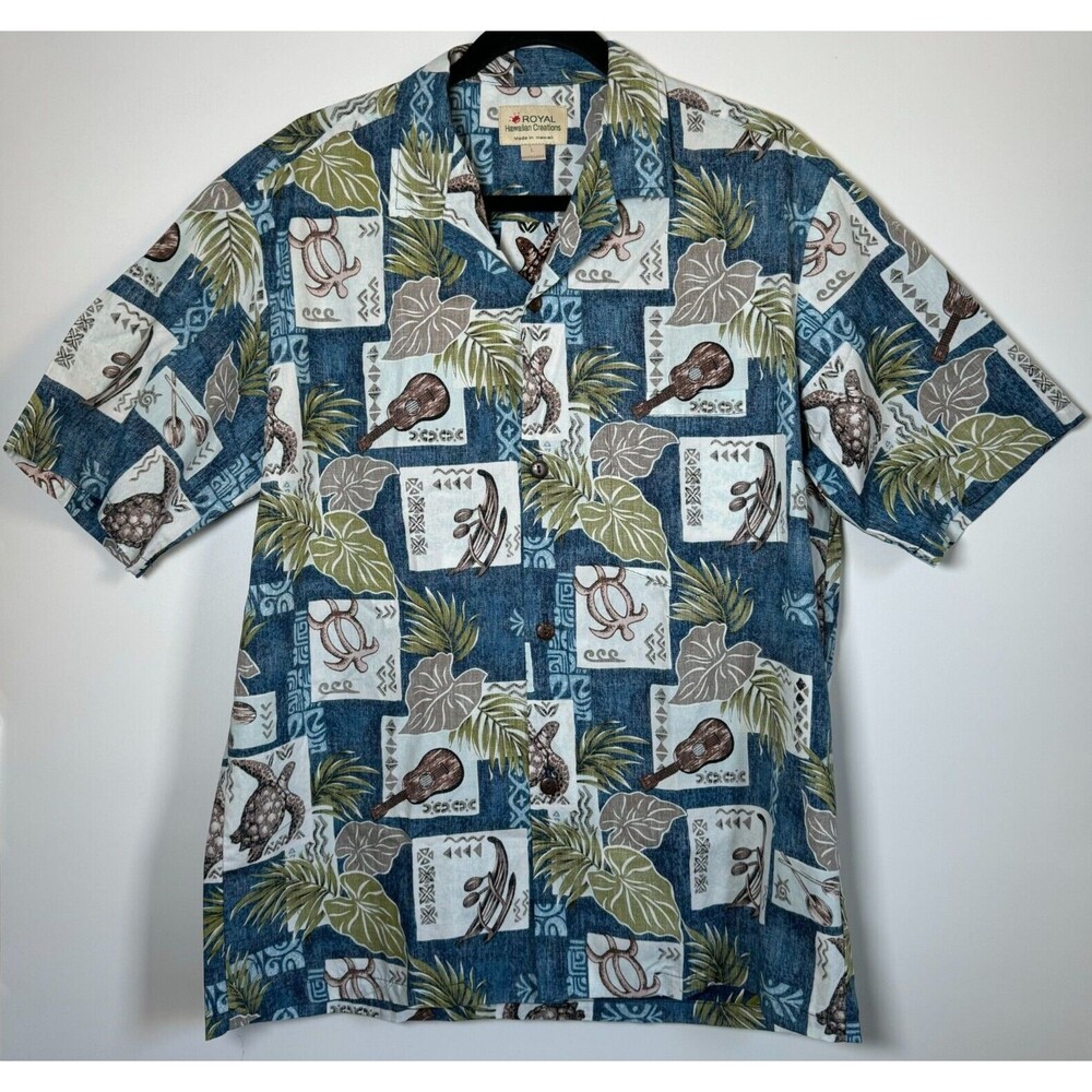 Royal Hawaiian Creations Shirt Mens Large‎ Blue Tapa Turtle Leaf Made in Hawaii